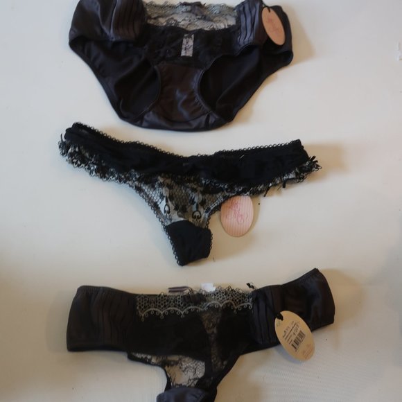 NWT WOMENS 3PC LITTLE MINX BLACK/GRAY LACE TRIM THONG/PANTIES SZ L - Picture 1 of 6